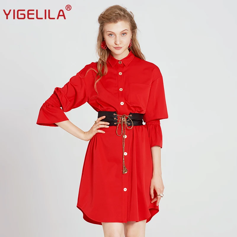 YIGELILA Latest Women Red Slim Shirt Dress Fashion Flare Sleeve