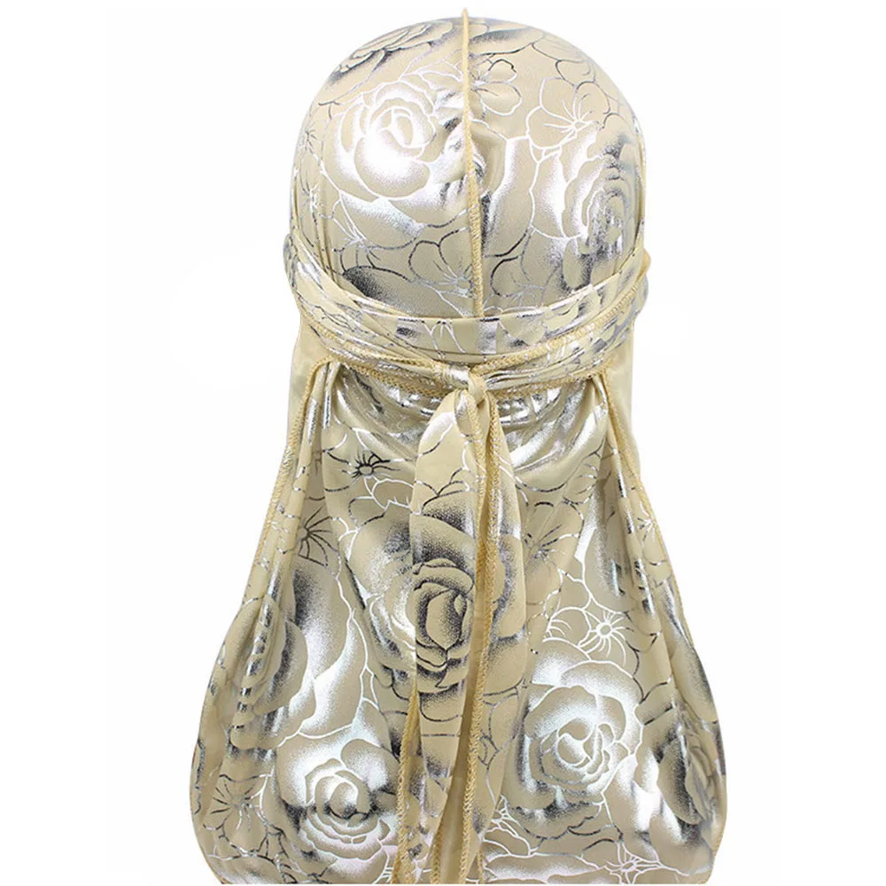 

Rose Gold Men's Durag Fashion Bandanna Cap Turban Hat Silky Satin Doo Rag Women Long Tail Pirate Hat