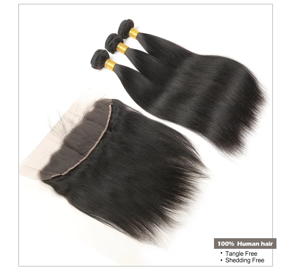 Hair Villa Pre-Colored Brazilian Straight Bundles With 134 Lace Frontal Closure #1B Natural Black Non-Remy Human Hair Weave (4)