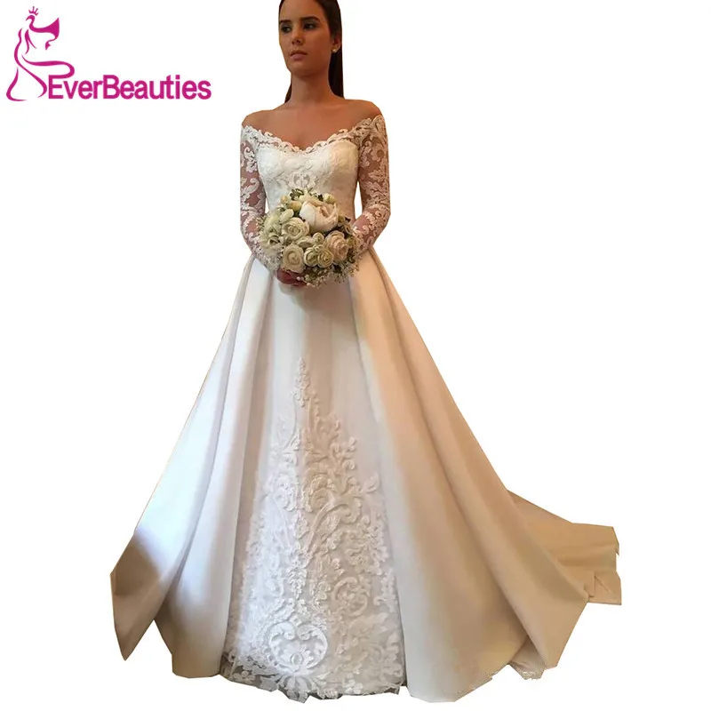 

Wedding Dresses Vestido De Noiva 2019 Long Sleeves Satin Appliques Off the Shoulder Bridal Gowns Plus Size Robe De Mariage