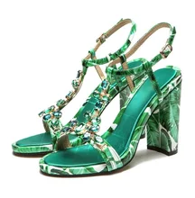 Bohemian Style Green Banana Leaf Print Leather Women Sandals Peep Toe Gem Decor Womens Square Heel Sandals T-bar Ankle Strap свитшот print bar square