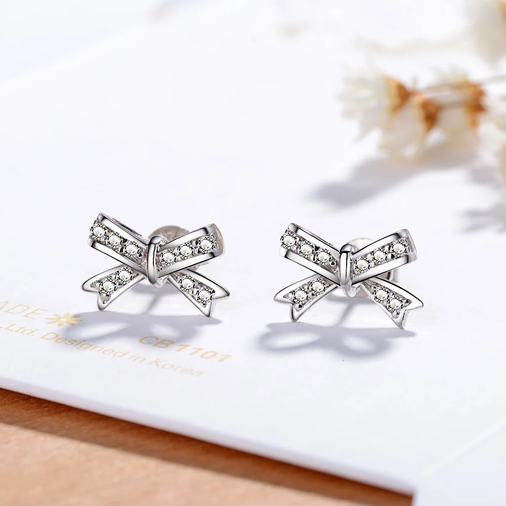 s925 Sterling Silver Bow tie Earrings set cubic zirconia female star