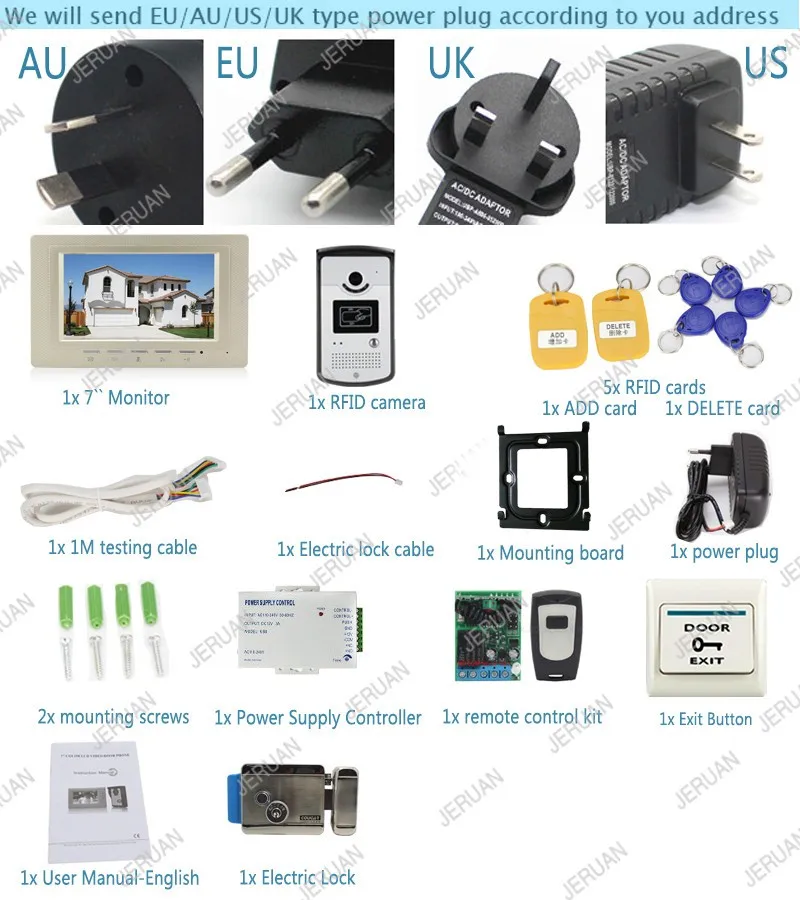 JERUAN Бесплатная доставка 7 ''Видеомонитор Интерком Системы 1 монитор + 700TVL RFID Доступа Камера + электронный замок + кнопка выхода