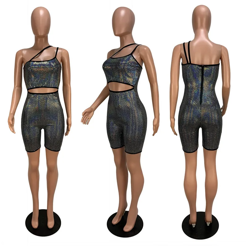 Sexy Sequin Rompers Womens Jumpsuit Shorts Playsuit Front Hollow Cut Out Glitter Sparkly Club Party Overalls Bodycon Jumpsuits