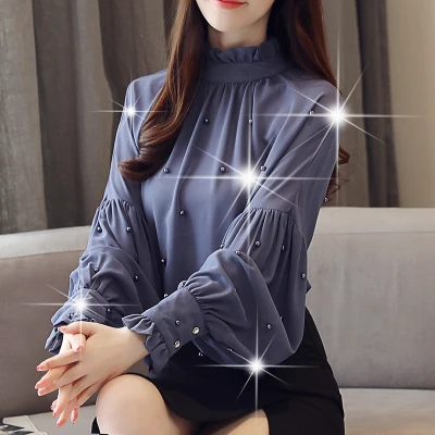 

2019 long-sleeved beaded fashion chiffon shirt elegant top sweet summer shirt women blouse