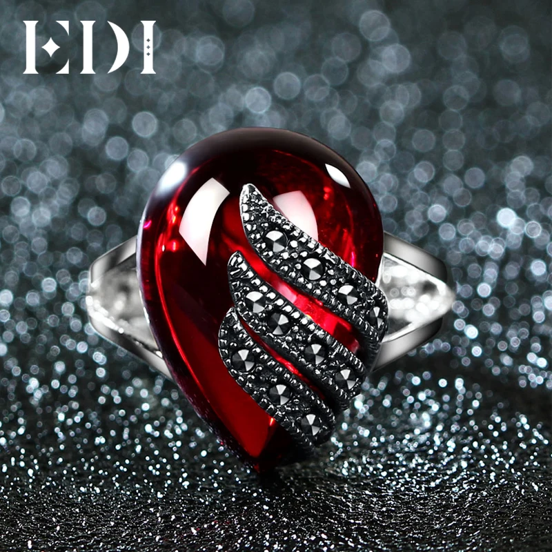 EDI Unique 925 Sterling Silver Ring 5ct Simulated Garnet Party Ring For Women Water Drop Shape Fine Jewelry Gifts EDI Unique 925 Sterling Silver Ring 5ct Simulated Garnet Party Ring For Women Water Drop Shape Fine Jewelry Gifts