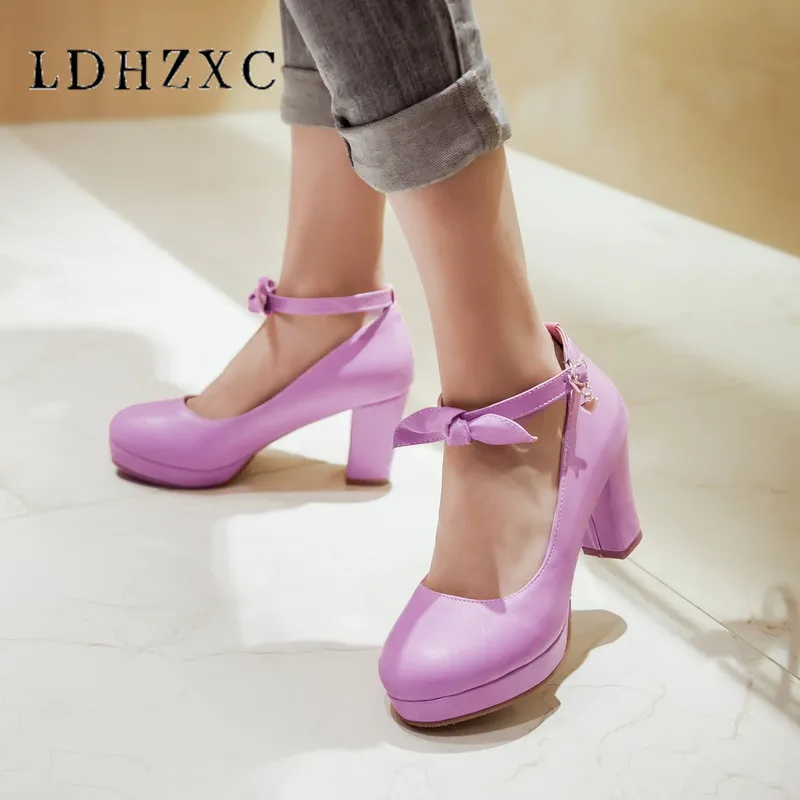 

LDHZXC 2019 Big size 33-43 bowtie women pumps round toe thick high heels shoes basic spring summer ladies party wedding shoes