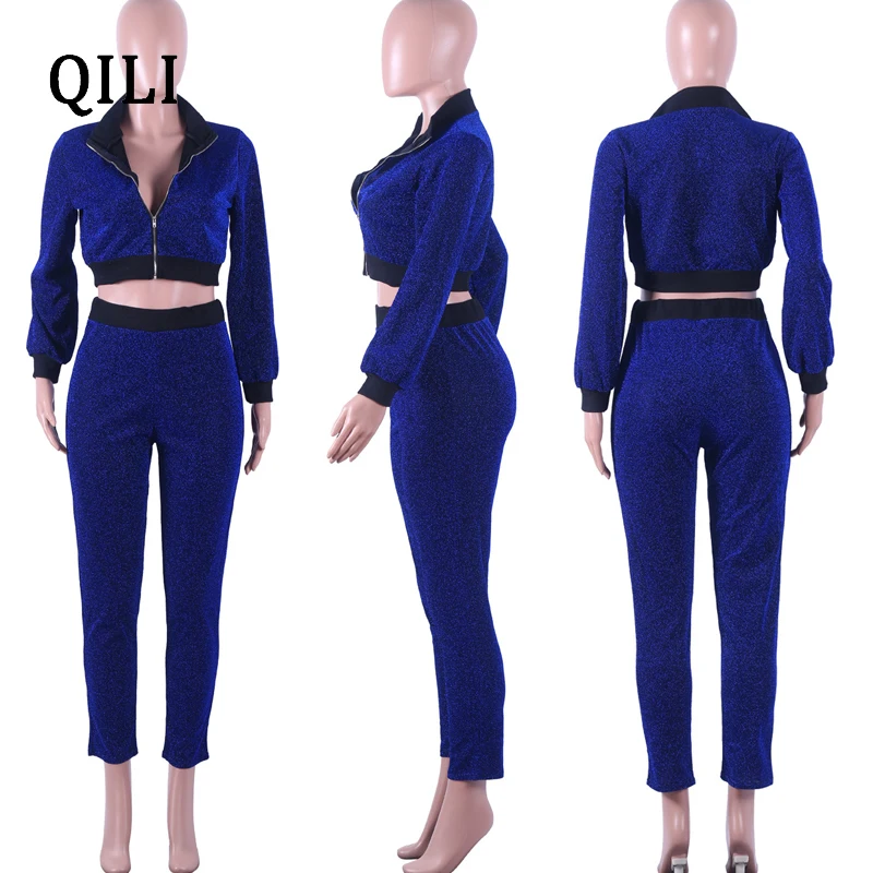 QILI Flash Bright Silk Women Jumpsuits Long Sleeve Zipper Patchwork 2 Piece Set Fashion Jumpsuit Autumn Winter Womens Jumpsuits
