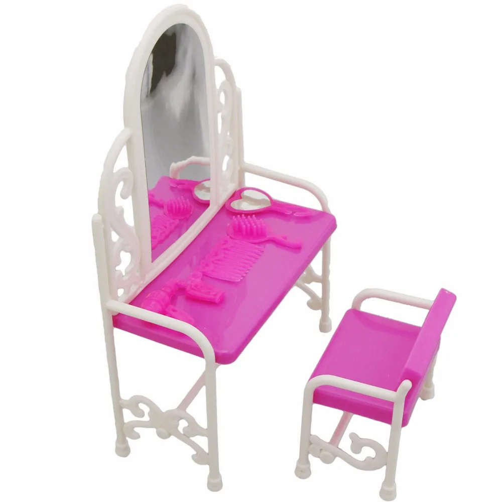 7 Pcs / Set Plastic Classical Dresser Table Chair House Bedroom Mirror Comb Furniture for Barbie Doll Accessories Baby Toys