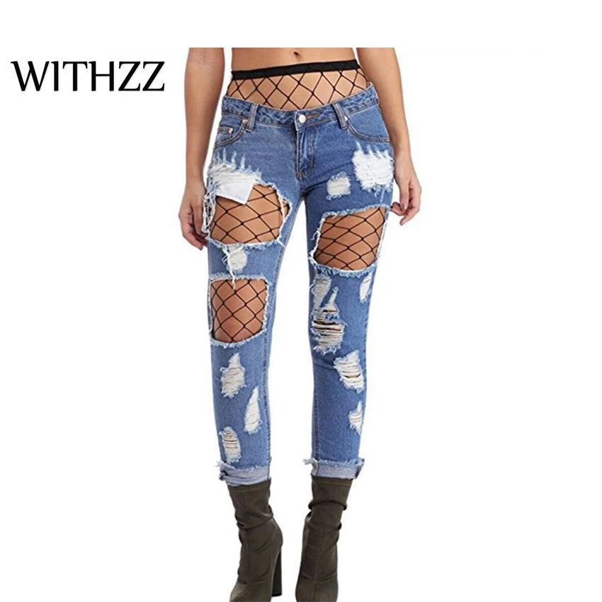 

Female Hole Cowboy Loose Straight Nine Pants with Socks Gloria Jeans for Women Pants Breeches Overalls Vintage Torn Trousers