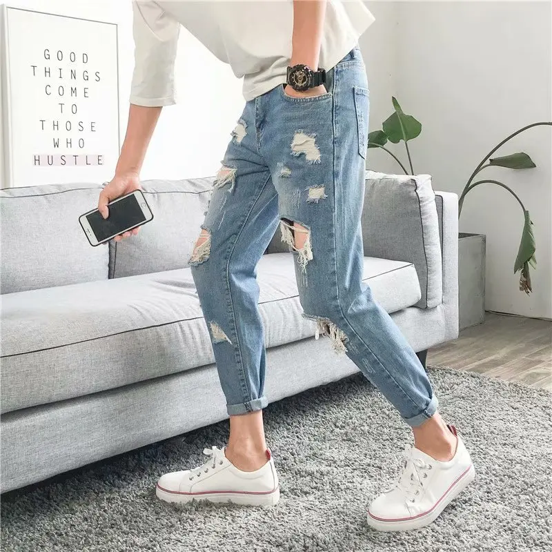 

Men's jeans 2019 summer trend feet jeans hole solid color denim shorts personality fashion locomotive wild men's clothing