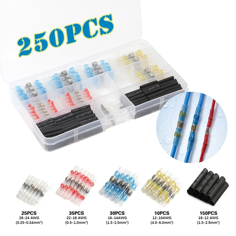 

250Pcs Waterproof Heat Shrink Wire Connectors Solder Sleeves Fast Butt Terminals Electrical Cable Soldering Terminal Set