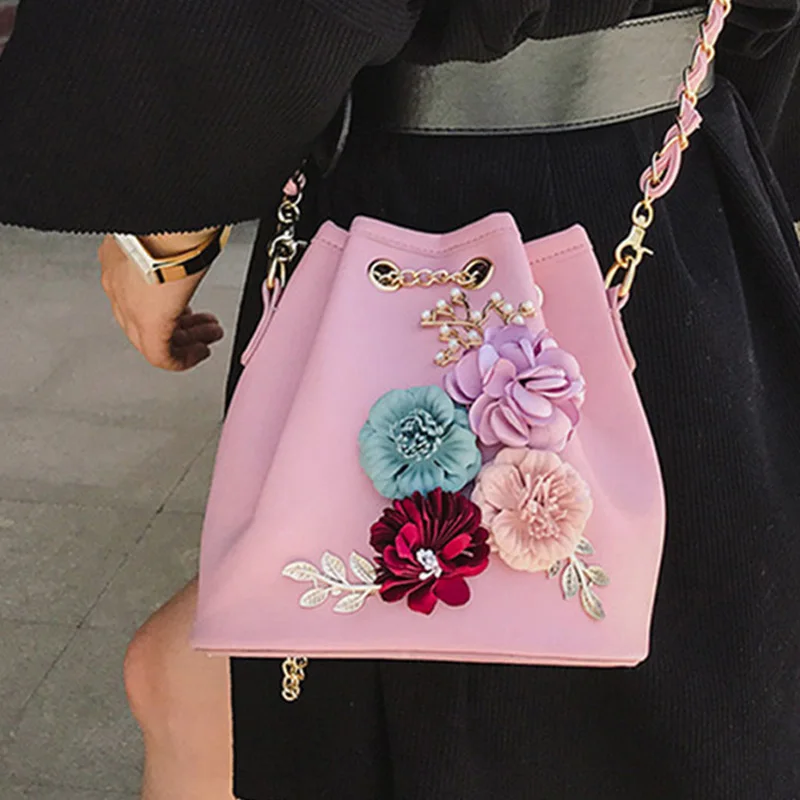 

Fashion Women Flowers Bucket Shoulder Bags Chain Drawstring Small PU Leather Cross Body Bag WF 668