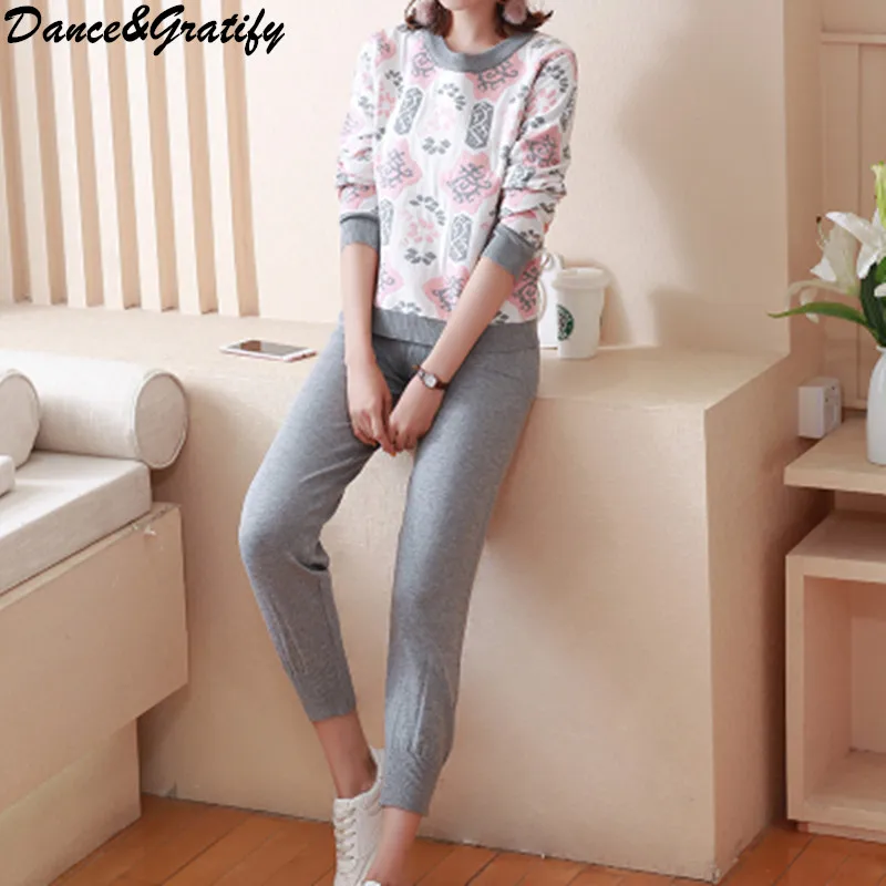 

Brand Designer Runway Knitting 2 Piece Set Women 2018 Winter Autumn Pullover + Pants Sporting Wear Female Tracksuit