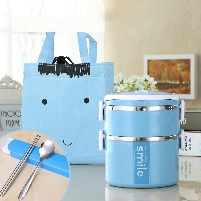 Контейнер для еды из нержавеющей стали с сумкой портативный школьный студенческий детский Bento Box пластиковый Ланч-бокс термостойкий - Цвет: Blue 2 Layer And Bag