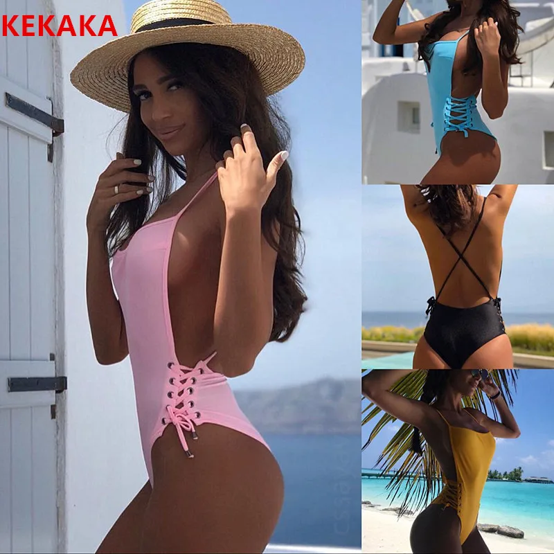 KEKAKA 2018 сексуальный Однотонный черный белый сплошной купальник со шнуровкой