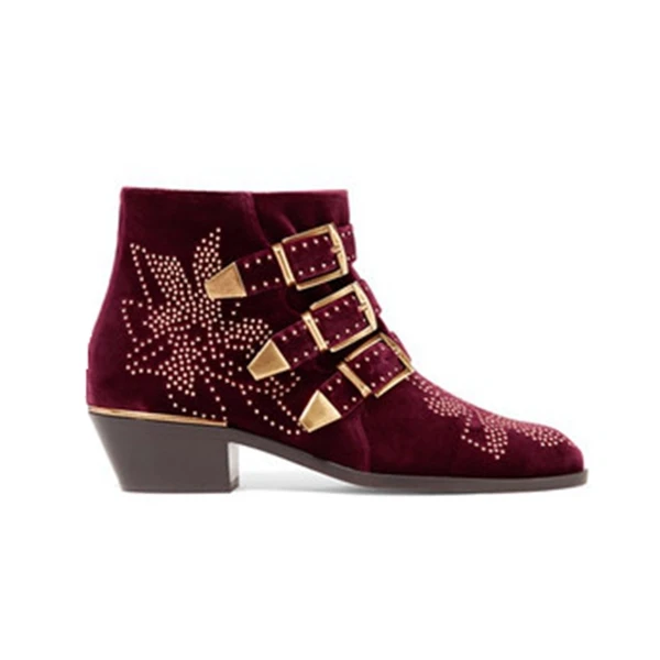 ARQA/крутые женские ботинки из натуральной кожи с пряжкой на ремешке и шипами; байкерские ботинки с острым носком в байкерском стиле; фабрика обуви Чэнду - Цвет: velvet wine