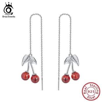 

ORSA JEWELS 925 Sterling Silver Women Earrings Cherry Shape Red Garnet Natural Stone Long Drop Earring Silver 925 Jewelry OSE100
