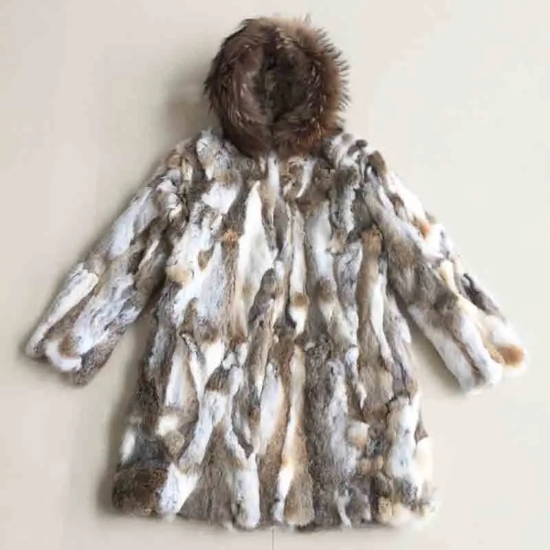 Большой размер, роскошное длинное пальто с капюшоном из натурального меха, женская меховая куртка с кроличьим мехом, пальто с воротником из натурального меха енота, новинка зимы - Цвет: Yellowgrass