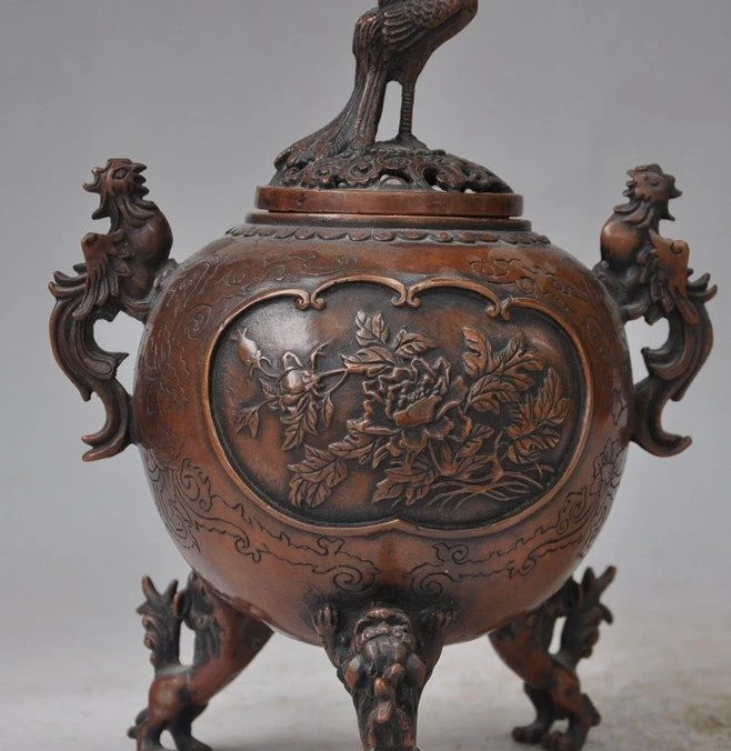 

9" chinese bronze phoenix bird beast Foo Dog lions statue incense burner Censer