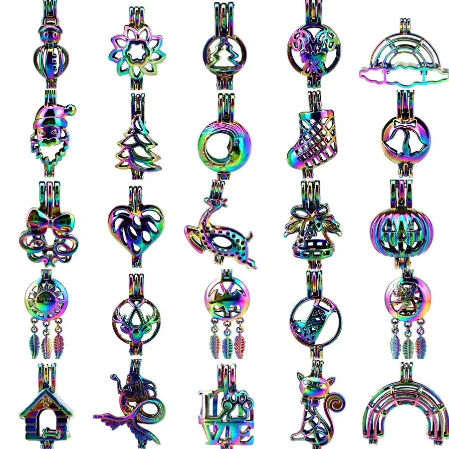 

1X Rainbow Beads Cage Christmas Tree Santa Dream Catcher Pumpkin Lantern Locket Perfume Diffuser Oyster Pearl Cage for Pendant