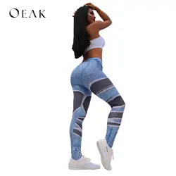 Oeak 2019 для женщин Имитация джинсы для цифровой печати брюки девочек отверстие печати тощий деним девушка Slim Fit мотобрюки заклепки