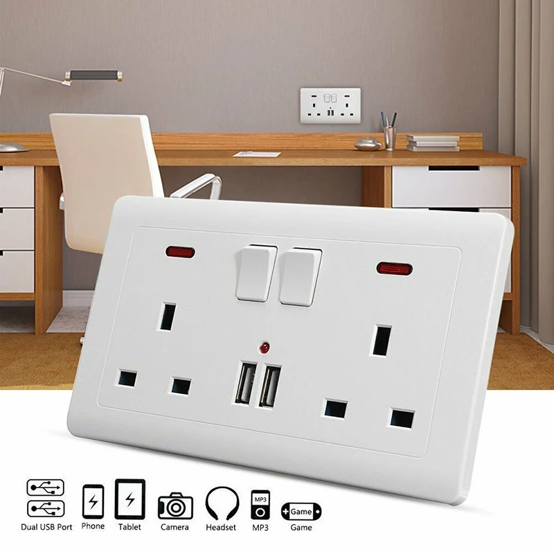 

2019 Concise House Decoration Double Wall UK Plug Socket Multifunctional Socket With USB Charger 2 Ports Wall Outlets Flat Plate