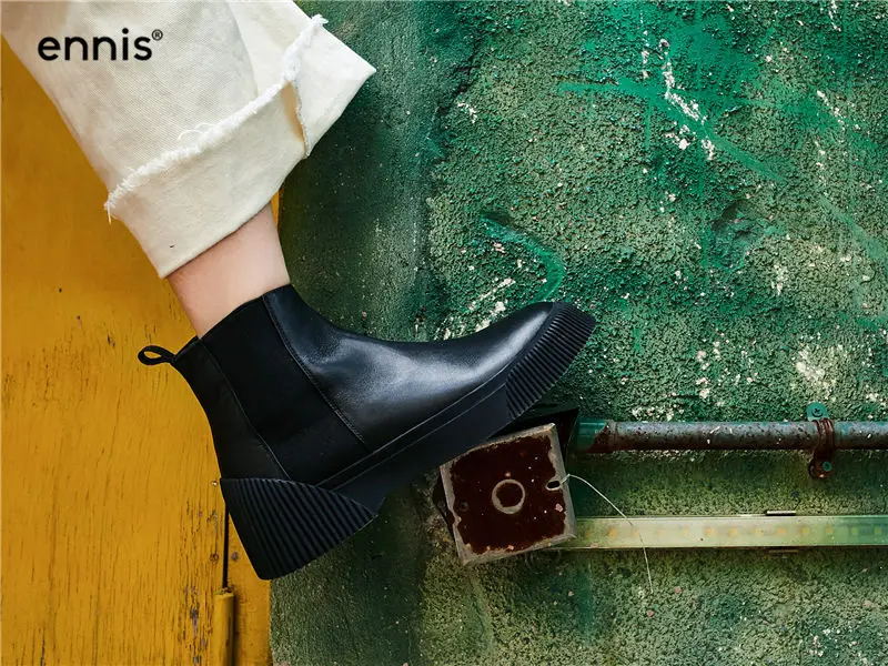 ENNIS/ сапоги из натуральной коровьей кожи; женские ботильоны на платформе; женская обувь на плоской подошве; модные сапоги осень-зима; цвет коричневый, черный; A8174