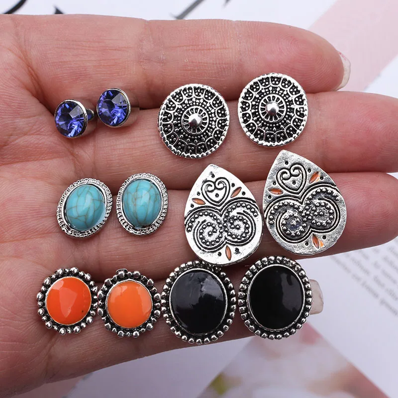 

ES403 Antique Silver Color Stud Earrings Set Bohemian Vintage Round Crystal Earrings For Women Birthday Gift Ear Jewelry New