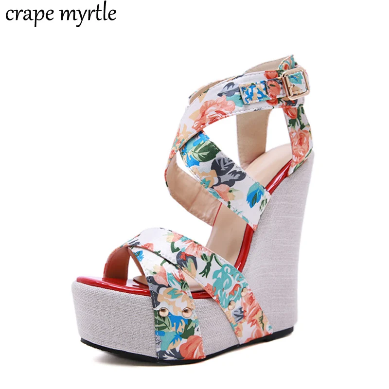 

Wedges Sandals Summer Pumps with ankle strap Sandals stripper heels Platform Wedges Open Toe flower embroidered sandals YMA818