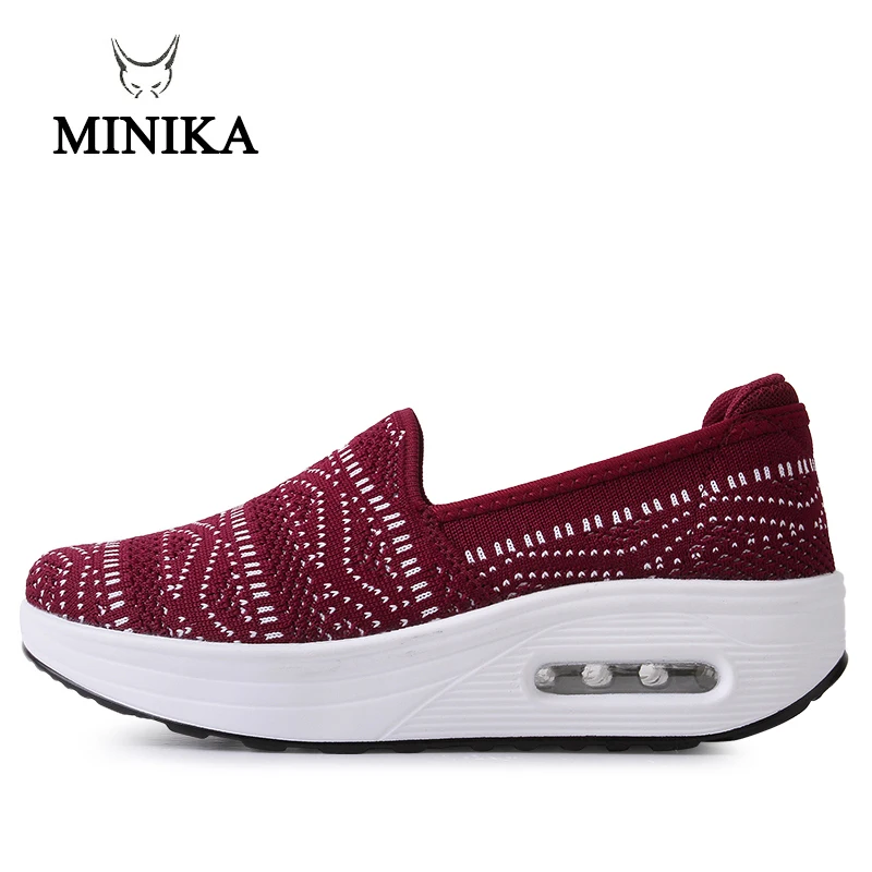 

Women Slimming Shoes Fly Wire Breathable Slip-on Sneakers MINIKA New Wedge Height Increasing Female Toning Swing Shoes Walking