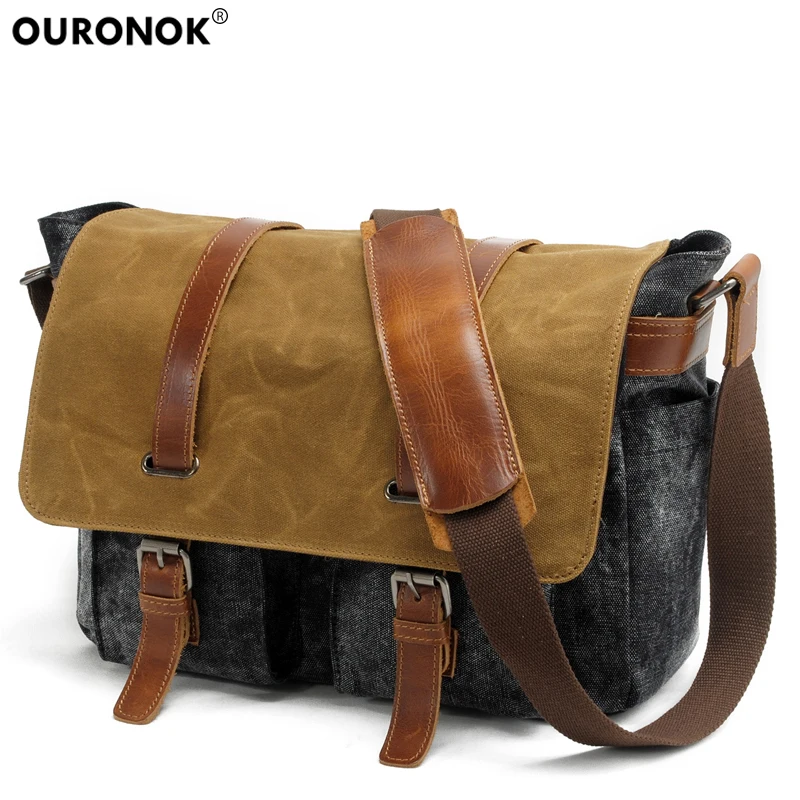

OURONOK Unisex Vintage Waterproof Canvas Men's Crossbody Bags Shoulder Messenger Laptop Bag shoulder bag Carry On Luggage Bags