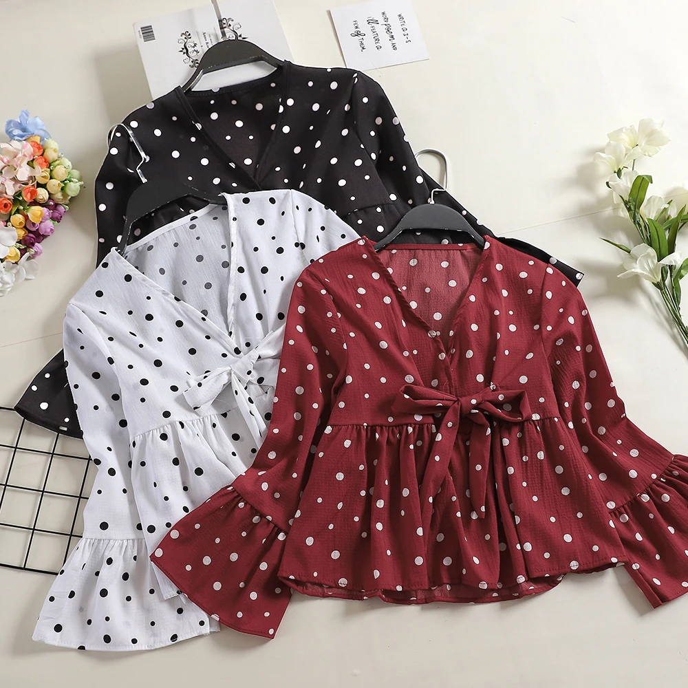 

Women V-neck Flare Sleeve Ruffle Bandage Lace Up Bow Shirt Female Vintage Slim High Waist Polka Dot Chiffon Pullover Blouse Tops