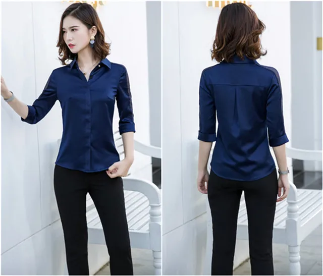 V Neck Loose Chiffon 3/4 Sleeve Zipper Blouse