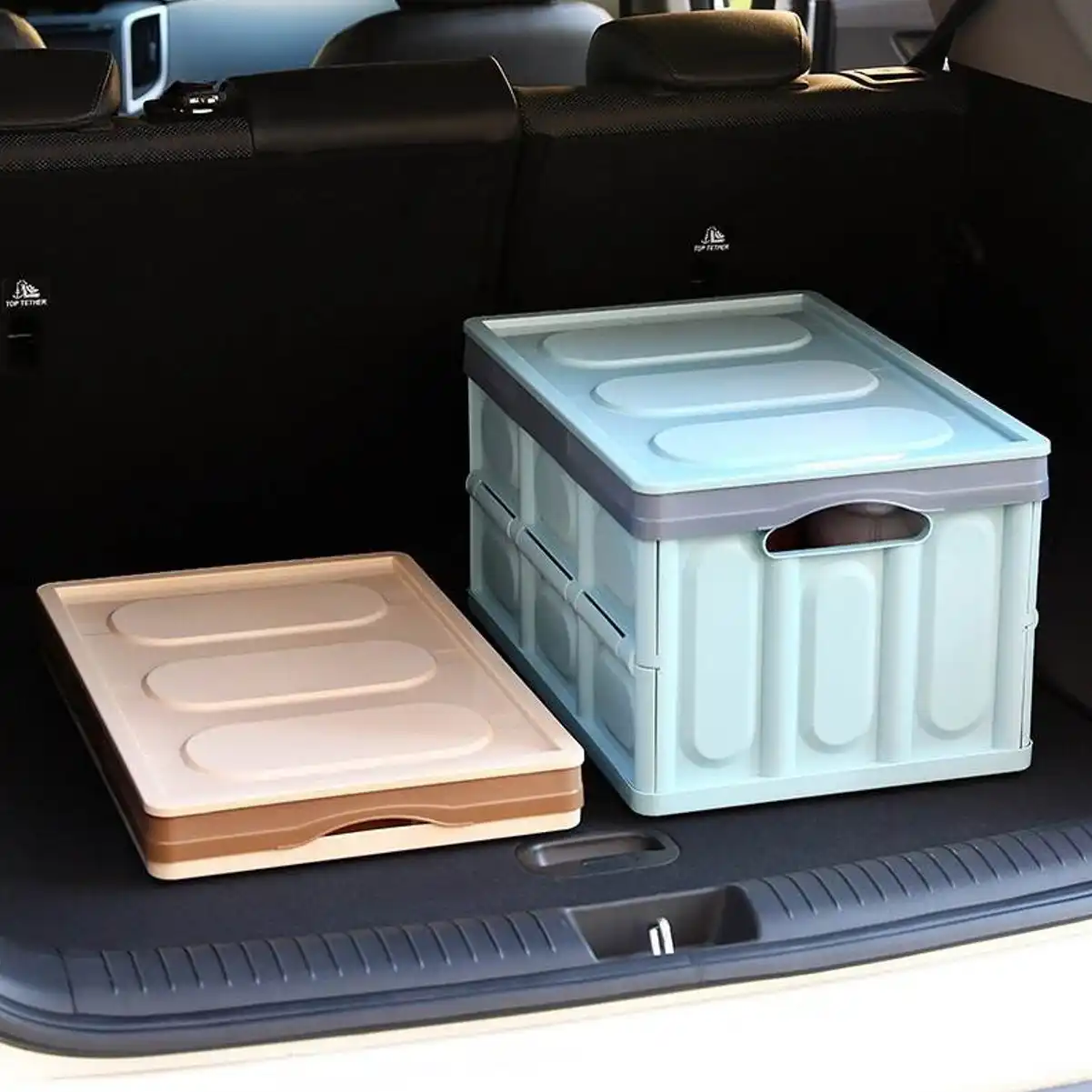 blue, 30L Thickened plastic folding storage box with extra large storage cover car multi-functional folding storage box
