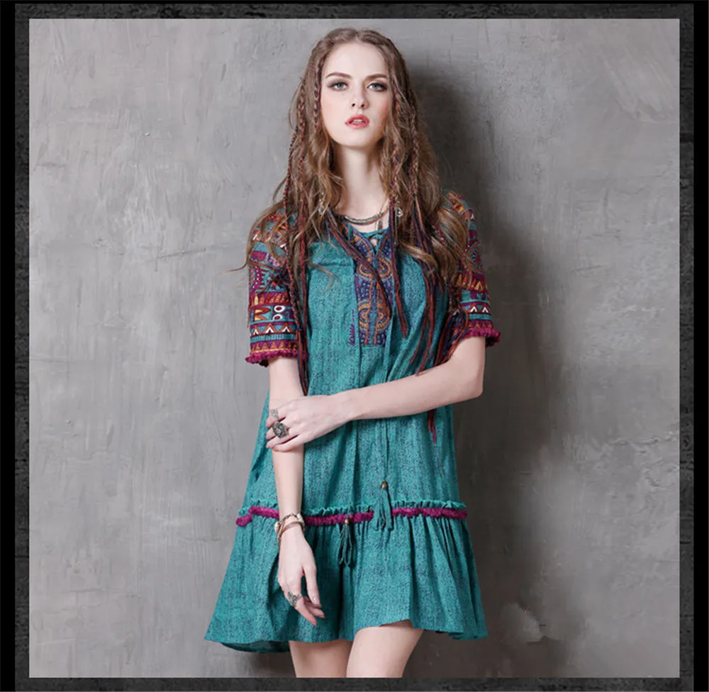 Vintage Women Summer Dress 2017 Boho New Denim Vestidos V-Neck A-line Embroidery Loose Natural Waist Thin Sundresses  (11)