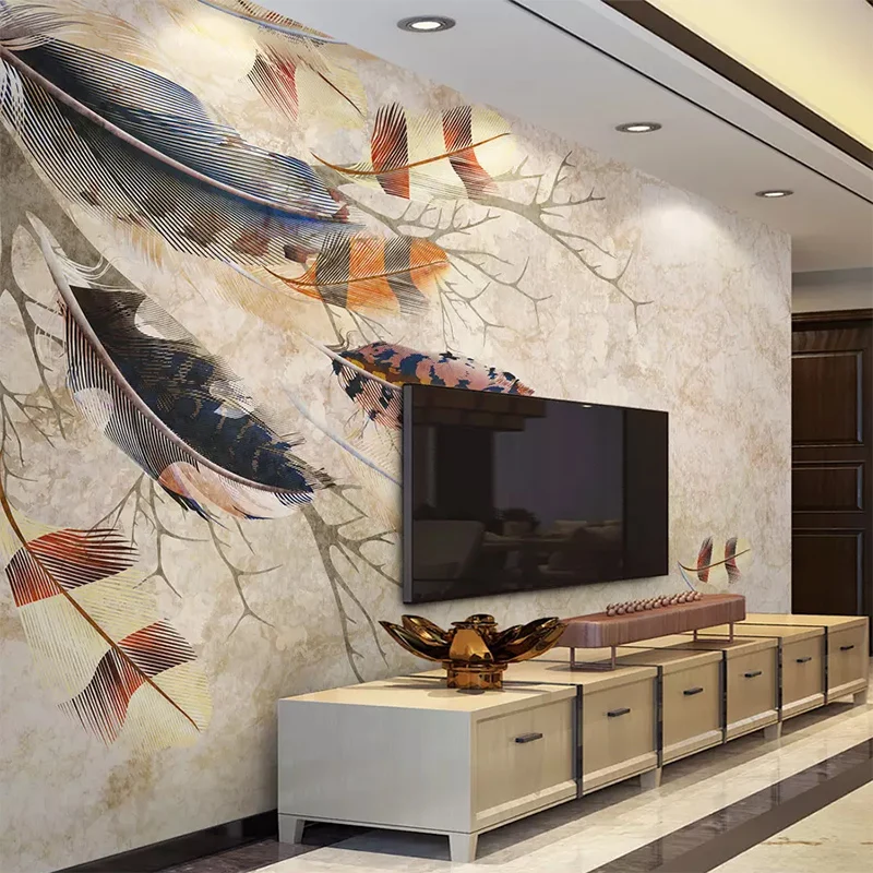

Custom Wallpaper 3D Retro Color Feather Texture Branches Mural Wall Cloth Living Room TV Sofa Wall Decoration Papel De Parede