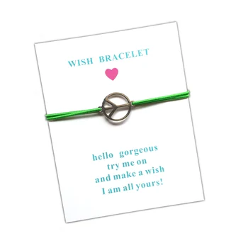 

10pcs/lot Wish Card Bracelet Peace Sign Stainless Steel Charm Adjustable Elastic Cord Bracelet For Men Women