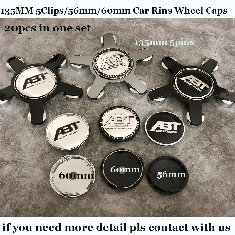 

20pcs 135mm 5clips 56mm 60mm For VW Audi Covers Auto Rims wheel Covers Car Emblem Wheel hub Caps For ABT logo Badge label