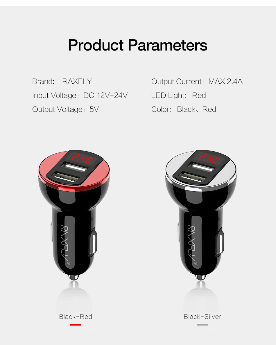 Raxfly Dual USB Автомобильное Зарядное устройство для Samsung Xiaomi телефон Зарядные устройства 2.4a smart digital автомобиля Зарядное устройство для iphone iPad Универсальная зарядка автомобильное зарядное устройство