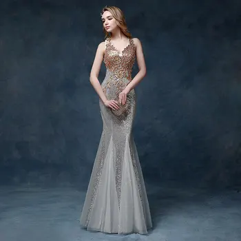 

2019 New Deep V fishtail sequined bridal Toast Dress Company Annual Meeting banquet host dresses party dress