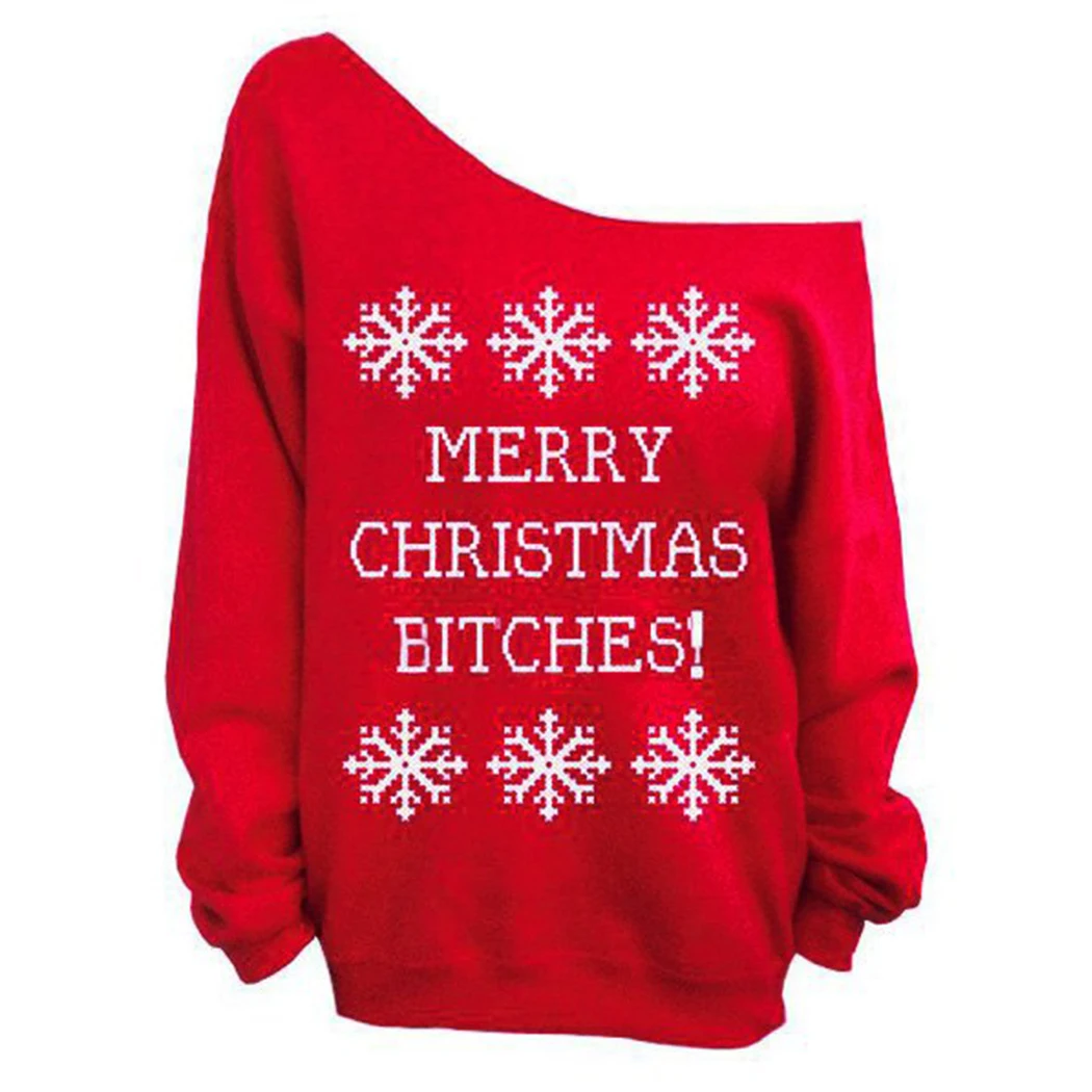 

Women Letter Snowflake Printed Hoodies Christmas Tops Sexy Off Shoulder Long Sleeve Sweatshirts Pullover Female Jumper Moletom
