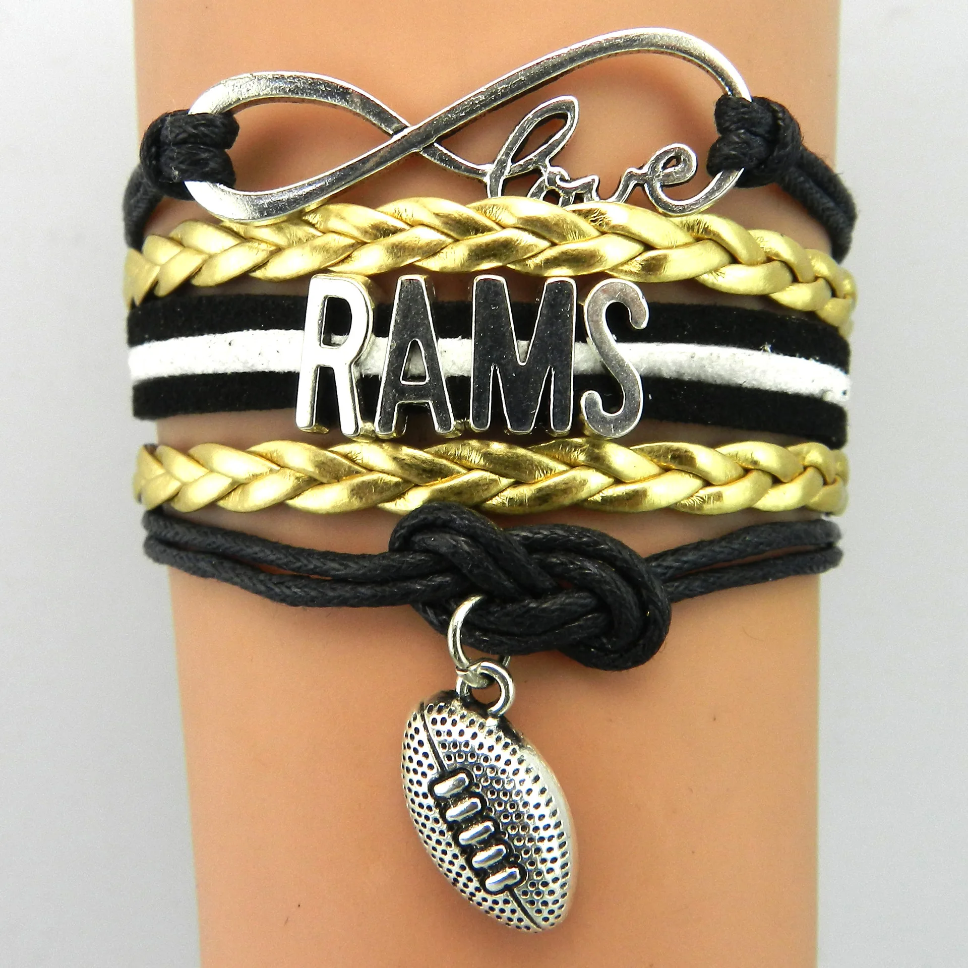 GVUSMIL Infinity Rams Football Team Bracelet Handmade Leather Braid Charm Bracelet Custom Any