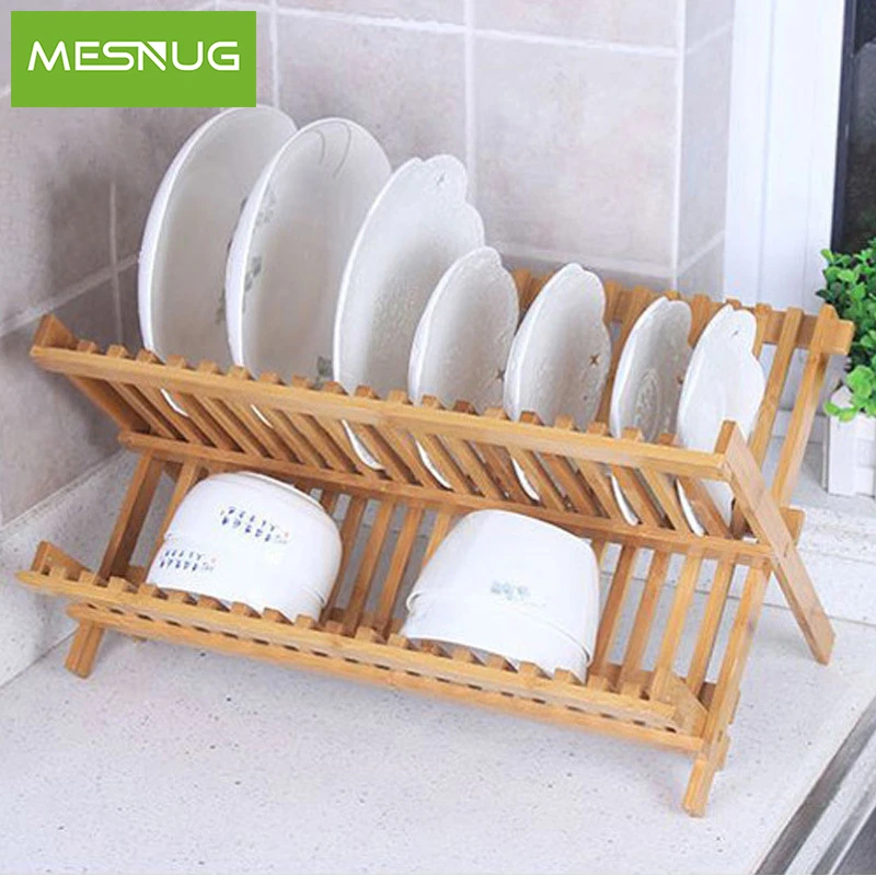 

MESNUG Collapsible Solid Wood Dish Rack 16/20 Slots Eco-friendly Compact Plate Drying Rack Space Saving Organizer Kitchen