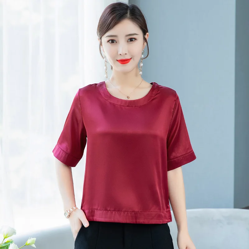 

Korean Fashion Silk Women Blouses Satin Short Sleeve Pink Women Shirts Plus Size XXXL Womens Tops and Blusas Femininas Elegante