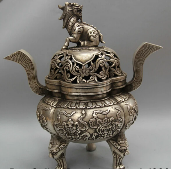 

JP S62 11" Marked Chinese Silver 3 Foot Beast 8 Auspicious Symbol Incense Burner Censer