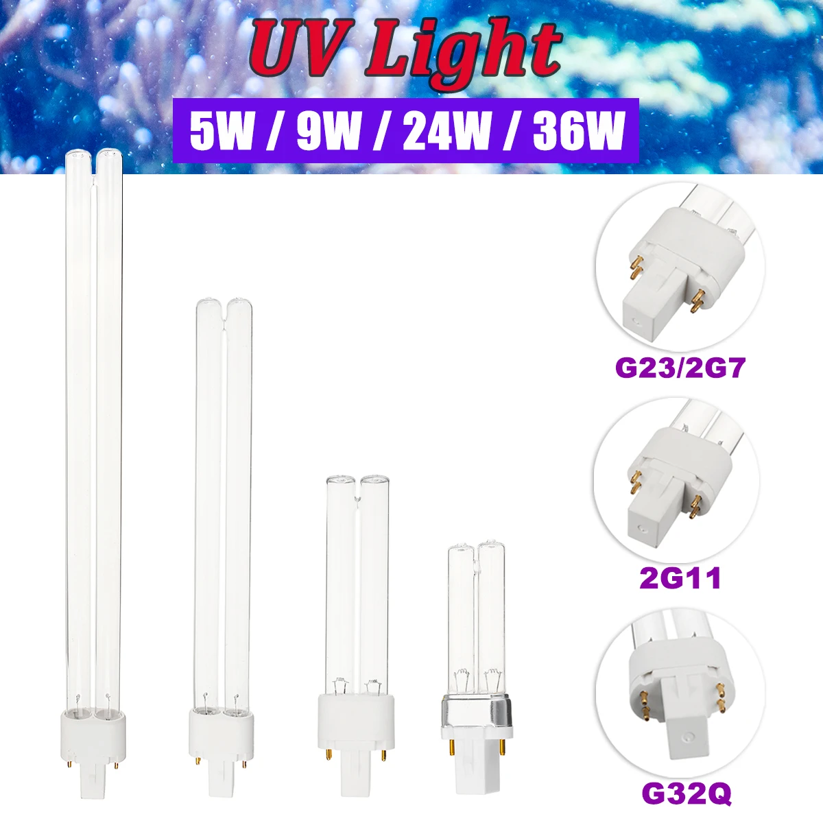 

2G11/G23/2G7/G32Q UV Germicidal Light Lamp Light Tube 5W 9W 24W 36W For Aquarium
