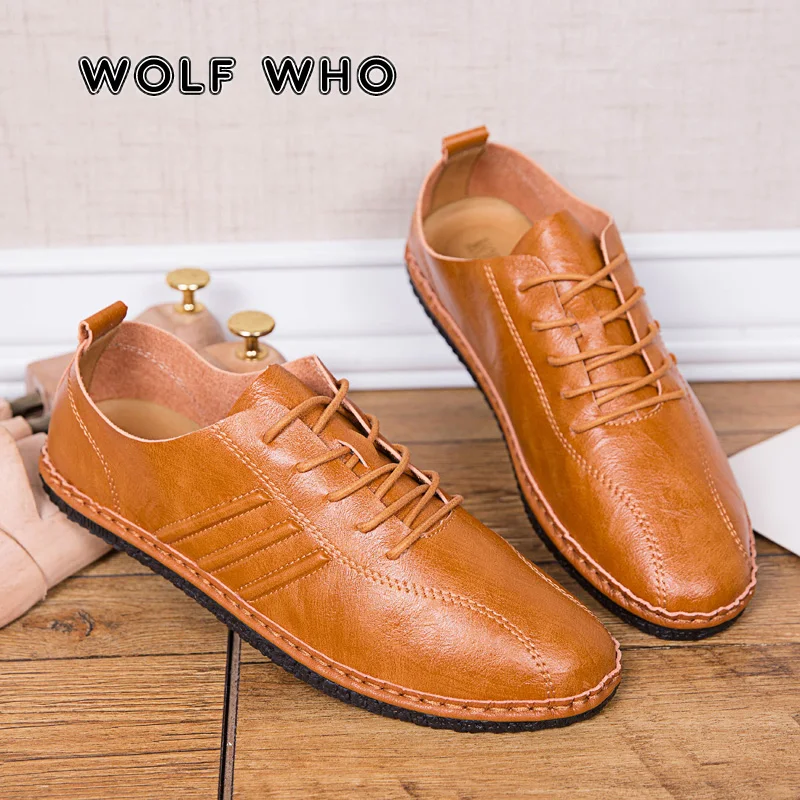 

WOLF WHO 2019 New Men Casual Leather Shoes Man Breathable Handmade Flats Sneakers Male British style Shoes Tenis Masculino X-053