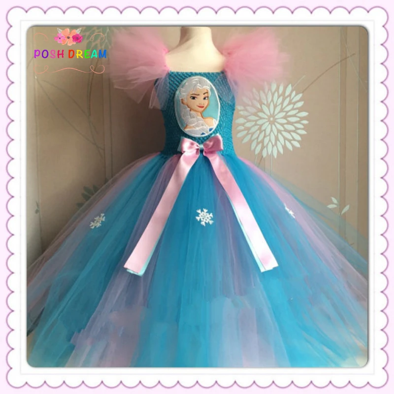 

POSH DREAM Elsa Girl Tutu Dress Elsa Appliques Inspired Handmade Dress Blue and Pink Elsa Children Cosplay Tutu Dress for Party