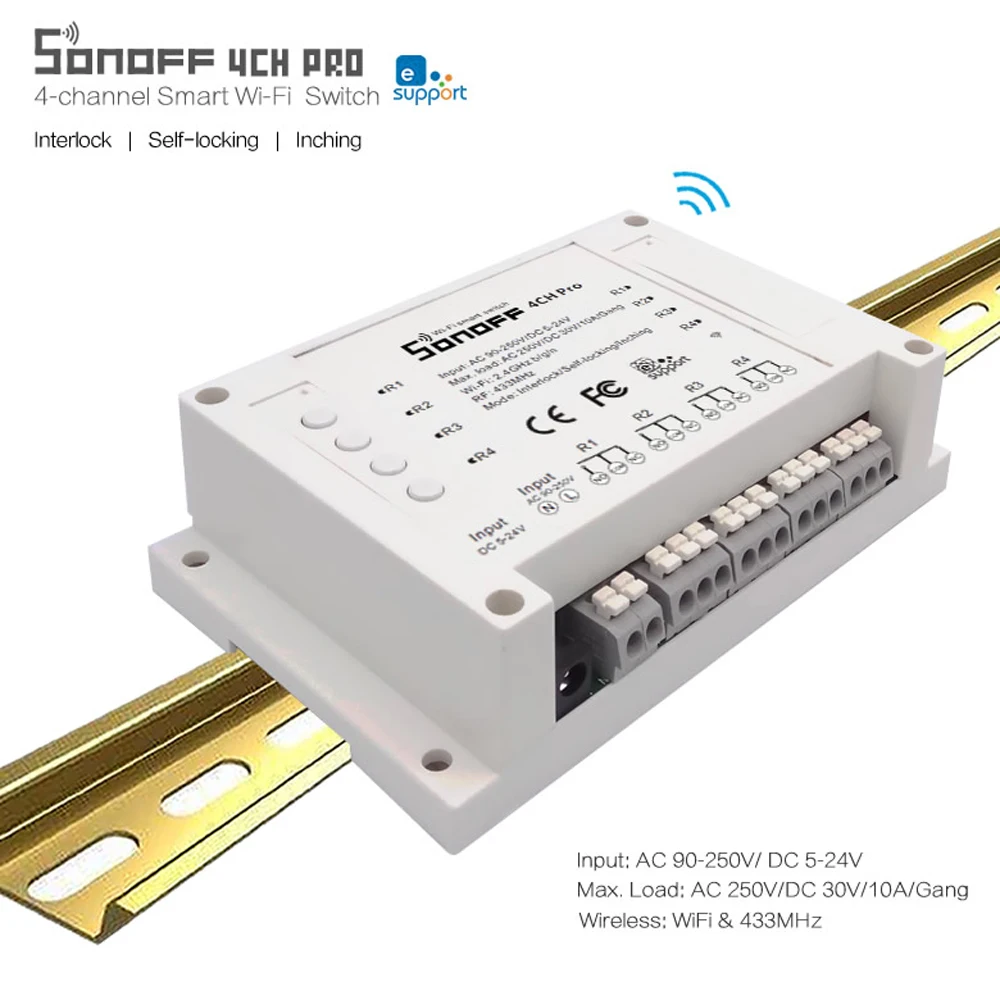 

Sonoff 4CH Pro 4 Gangs 433MHz Mounting on Wireless Remote Control WI-FI Smart Switch Home Light Alexa Remote Snoff 10A / 2200W